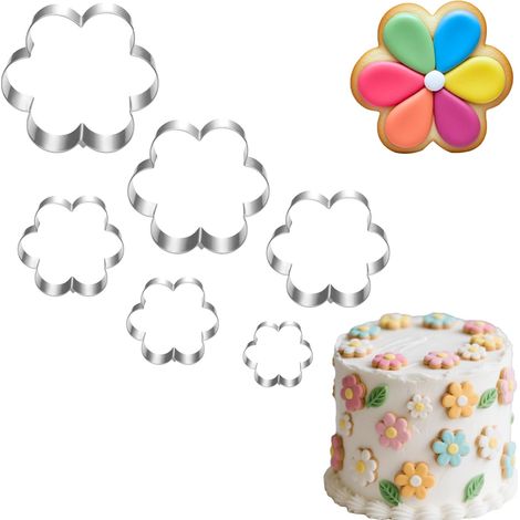 Lot de 6 emporte-pièces fleur 10,2 cm, 9 cm, 7,5 cm, 6,4 cm, 4,5 cm, 2,4 cm, passe au lave-vaisselle,Fleur avec six,- (1/5)