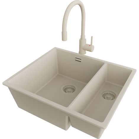 PRIMAGRAN Evier Cuisine en Granit 56x47cm,Lavabo 1,5 bacs + Robinet 38x14cm + Kit de Vidage, Évier à Encastrer au meuble 60cm - London Slim Duo, Beige (1/5)