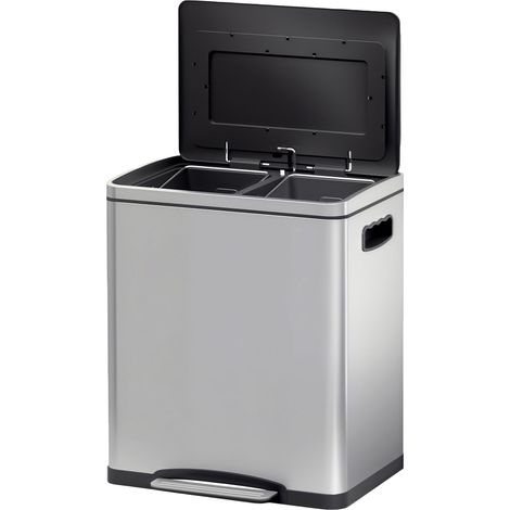Poubelle de cuisine 2 compartiments de 2 x 15L, à pédale, en inox, couvercle à fermeture douce