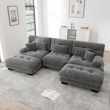 Canapé d'angle modulaire, canapé 3 places en U, canapé convertible à assise profonde avec pouf, chenille, gris (1/5)