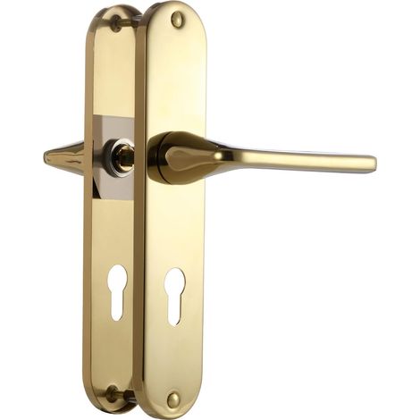 Poignée de porte Or Garniture de béquille, Acier inoxydable brossé mat, 72mm Entraxes PZ poignée de porte pour porte d'entrée et porte intérieure, Cylindre profilé PZ, Forme en L (1/5)