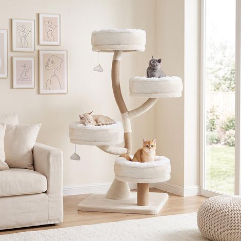132 cm Wooden Cat Tree with Sisal Posts & Toys (1/4)
