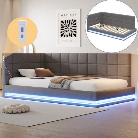 Lit simple 90x190 cm, canapé-lit en velours avec bande LED, prise USB et sommier à lattes - Lit multifonction, tissu doux au toucher - Gris (1/5)