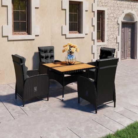 5-tlg. Garten-Essgruppe Poly Rattan und Akazienholz Schwarz (1/5)