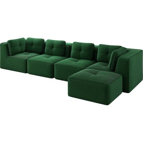 ELVMI Sofá rinconera modular 4 plazas en pana con asiento profundo y base antideslizante, Verde (1/5)