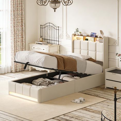 Letto contenitore singolo 90x190 cm beige - letto con vano contenitore 1 posto, testiera con LED, mensola e porte USB, rete a doghe
