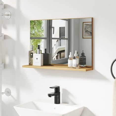 Miroir de salle de bain mural moderne, 60x12x40 cm, avec étagère en bois, design polyvalent et pratique. (1/5)