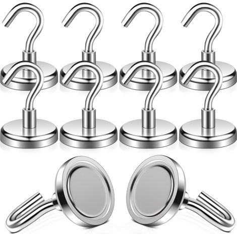 Lot de 10 crochets magnétiques en néodyme extra puissants de 34 mm avec crochets - 38 kg - Pour gouttière, camping, garage, cuisine