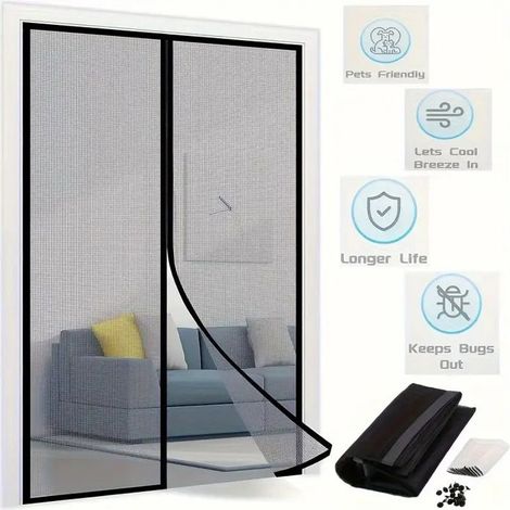Moustiquaire magnétique noire 80x210 cm à petits carreaux, maille fibre de verre renforcée, anti-insectes, porte garage et terrasse (1/4)