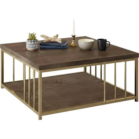 Dmora - Tavolino da salotto Ankaa, Tavolo basso da caffè, Portariviste per divano, Ripiano da soggiorno, 90x90h40 cm, Noce e Oro, con imballo rinforzato, con imballo rinforzato