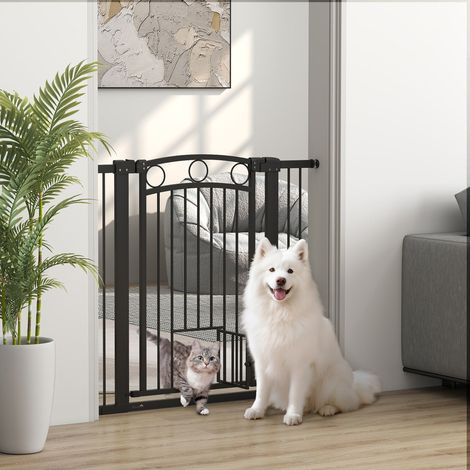 Barrière pour animaux, barrière d'escalier de 96 cm, largeur réglable de 76 à 104 cm, avec chatière, pour escaliers et portes, noire (1/5)