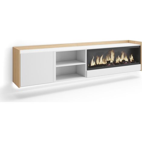Skraut Home - Mueble TV, Televisión, Muebles de salón, almacenaje, 212x35x50cm, Para TV hasta 80", Chimenea eléctrica XXL, Colgado, Suspendido, LED, Estilo Moderno, Blanco y roble soft (1/5)