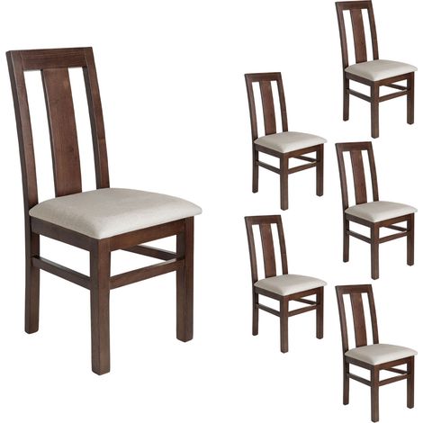 Lot de 6 chaises en hêtre chêne foncé assise tissu beige - MARTHA
