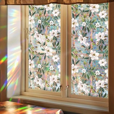 Pellicola adesiva statica per finestre con motivo gardenia, effetto arcobaleno 3D, 43 x 100 cm. (1/5)