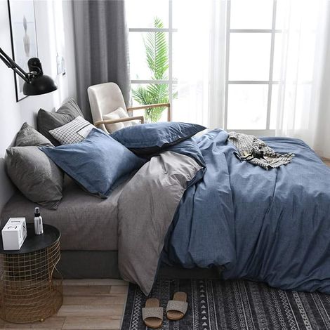 Sets de Housse de Couette 220x240cm Bleu Gris Unie Réversible Parure de Lit en Microfibre avec Fermeture Éclair avec Taie d'oreiller 65x65cm (1/3)