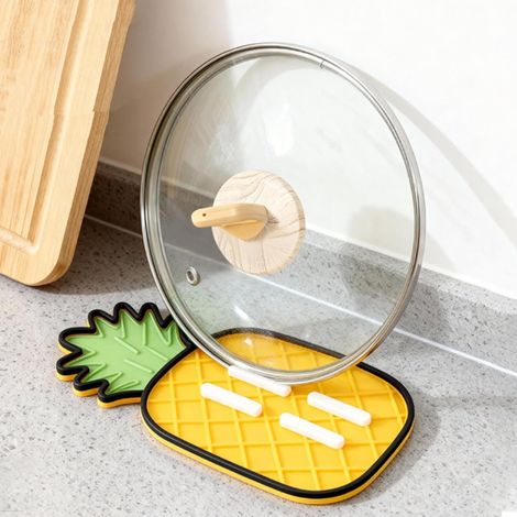 Lot de 1 supports de couvercle de casserole, repose-couvercle et dessous de plat, tapis de séchage multifonction en forme d'ananas – Protection de comptoir de cuisine en silicone avec rainure pour (1/5)
