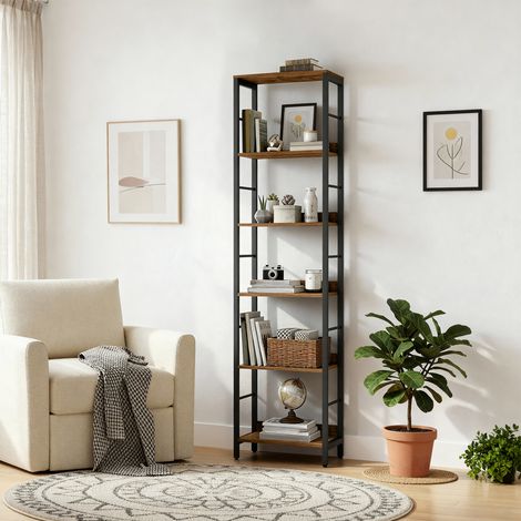 Bibliothèque, 6 Niveaux, 30 x 40 x 178 cm, avec Panneaux Arrière, Marron et Noir (1/5)