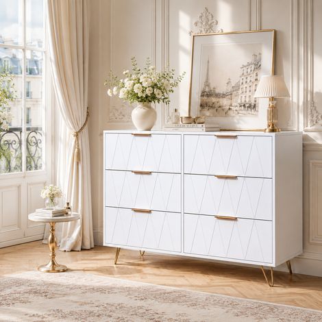 Commode blanche à 6 tiroirs de grande capacité - 100 x 34 x 72.5 - Salon/Chambre - Style moderne/scandinave - Avec poignées et pieds en métal
