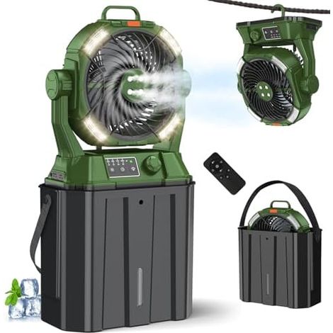 Ventilateur brumisateur avec seau portable de 6 L pour terrasse extérieure, 20 000 mAh rechargeable Ventilateur brumisateur pour camping avec lumière LED, 4 brumisateurs, télécommande, Vert