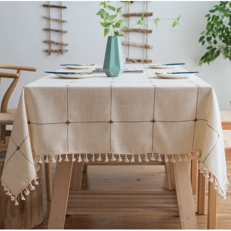 Nappe Carrée Coton Lin - Motif Treillis Rustique - Bordure Frange Pompons - Pour Salle À Manger Cuisine Extérieur - 11 Tailles Disponibles (1/4)