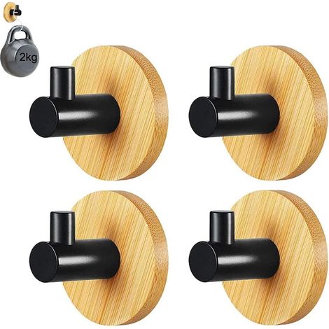 4-teiliges Set selbstklebender Haken, Bademantelhaken, Handtuchhaken, Bambus-Handtuchhaken, zum Aufhängen von Mänteln, Gürteln, Schlüsseln, Helmen, Schwarz, Holzfarben