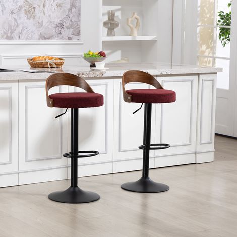 Lot de 2 tabourets de bar pivotants à 360° avec dossier en noyer noir et assise rembourrée en PU, hauteur réglable. Parfait pour cuisine, restaurant, bar et espaces similaires (Lin rouge vin) (1/5)