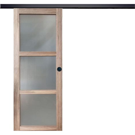 Porta Scorrevole in Legno Frake Vetro H204 x L73 + listello nero e 2 gusci neri