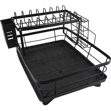 Égouttoir à vaisselle à 2 niveaux, acier inoxydable épais, multifonctionnel, organisateur de comptoir grande capacité, noir. (1/5)