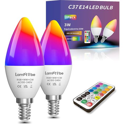 2X Ampoule LED Changement de Couleur E14-3W SES Ampoule LED E14 RGB à Intensité Variable RGB+ Blanc Chaud& Blanc Froid Ampoule Bougie E14 avec Télécommande, Mémoire& Synchronisation Fonction (1/5)