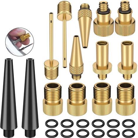 Tinor – Kit de adaptadores para bomba de bicicleta de 26 piezas – Compatible con válvulas Presta, Schrader y Dunlop – Cobre puro con juntas de goma (1/5)