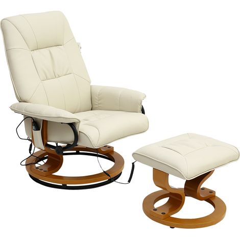 TUSCANY REAL LEATHER CREAM SWIVEL RECLINER MASSAGE CHAIR w FOOT STOOL (1/5)