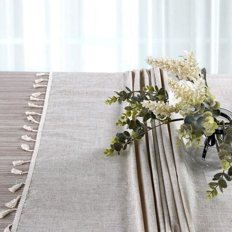Tischdecke aus Baumwoll-Leinen einfarbig mit Quasten rechteckig staubdicht einlaufsicher für Küche Esszimmer Picknicktischdekoration Beige 140 x (1/5)