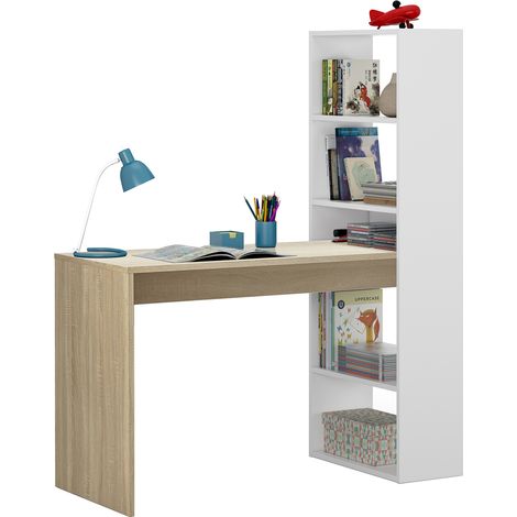 Bureau avec étagère intégrée coloris blanc artic / chêne canadien - Hauteur 144 x Longueur 120 x Profondeur 53 cm