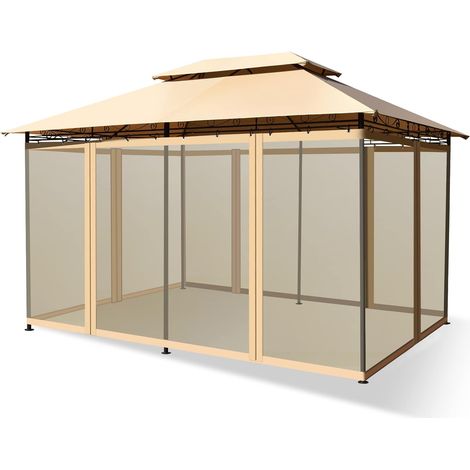 Costway – Tonnelle de jardin 3,9 x 2,9 x 2,7 m – Structure acier renforcée – Auvent en tissu polyester résistant – 6 parois en maille amovibles (1/5)