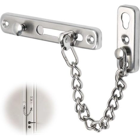 Cerradura de seguridad con cadena de acero inoxidable cepillado color plata, sin necesidad de taladrar, para puertas de entrada interiores y auxiliares. (1/5)