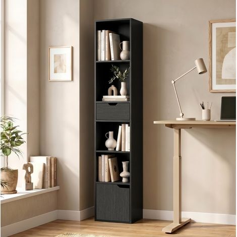 Bibliothèque étagère noire 30 x 24 x 158 cm avec tiroir, niche réglable et rangement fermé (1/5)