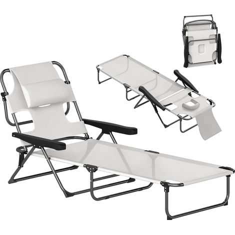 Klappbare Gartenliege mit 4-fach verstellbarer Rückenlehne, Kopfstütze und Beistelltisch, Maße 72 x 194 x 89 cm, cremefarben