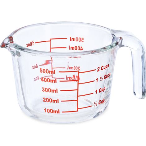 Relaxdays Messbecher Glas, 500 ml, hitzebeständig, mikrowellengeeignet, Skala in Milliliter, Cups, oz, transparent