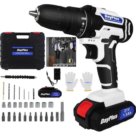 Perceuse Visseuse Sans Fil 21V, Visseuse Devisseuse Sans Fil avec 1 Batterie, 45Nm Perceuse Électrique, 25+1 Réglages de Couple, 29 Accessoires, 2 Vitesses, LED, pour la Bricolage(Blanc)