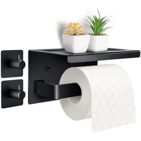Purpledi Porte Rouleau Papier Toilettes en Aluminium (Perforé/Non perforé) Porte-Rouleau avec étagères Spacieuses Porte Rouleau Papier Toilette Noir Auto-adhésif avec Tablette