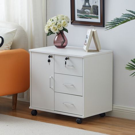 Mobile File Cabinet,40x60x57cm Lockable Cabinet and 3-Drawer Lateral Filing Cabinet for Documents Printer Stand Home Office, White