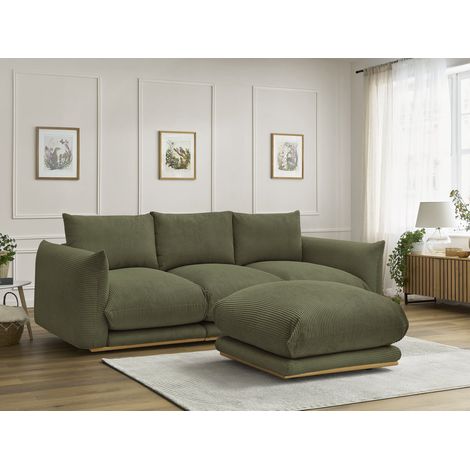 BOBOCHIC - Canapé droit fixe 3 places ERNEST tissu velours côtelé avec pouf Vert clair (1/5)