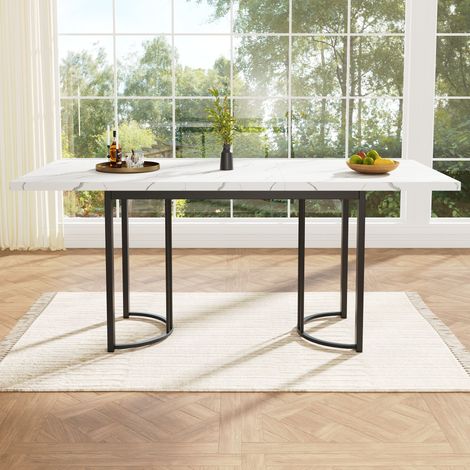 Table à manger extensible 140-179,5 x 80 cm, table télescopique gain de place, structure métallique, table rectangulaire cuisine/salon, blanc et noir (1/5)