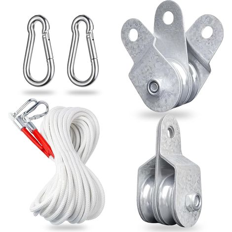 Lot de 2 Poulies à Double Rouleau avec 2 Roulements à Bille, 10m Corde Nylon Incluse, Charge 500 kg, Pour Levage, Tirer, Usage Intérieur et Extérieur, Robuste et Antirouille (1/5)