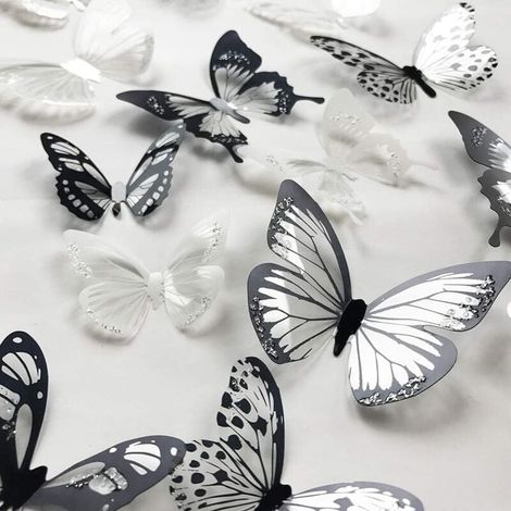 36 Pièces 3D Coloré Papillon Cristal Stickers Muraux avec Adhésif Art Decal Papier Satin Papillons Bébé Enfants Chambre Maison DIY Décor (Noir et Blanc) (1/4)