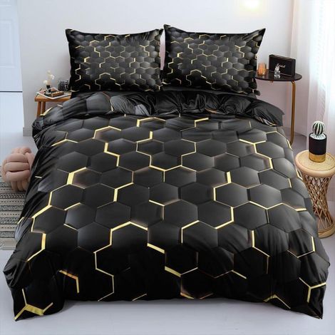Bettwäsche-Set 135x200cm Schwarz Gold Waben 3D Geometrie Mikrofaser mit Reißverschluss