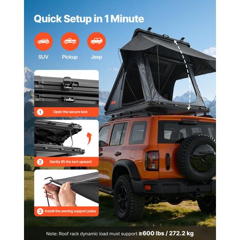 Tente de Toit pour Voiture, Tente de Toit à Coque Rigide pour 2-3 Personnes, pour Camping Caravane SUV, en Aluminium, Étanche et Co… (1/5)
