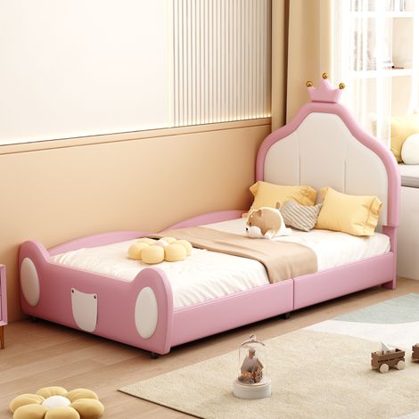 Lit enfant rembourré en simili cuir rose et blanc 90x200 cm, tête de lit couronne, sommier à lattes inclus (1/5)