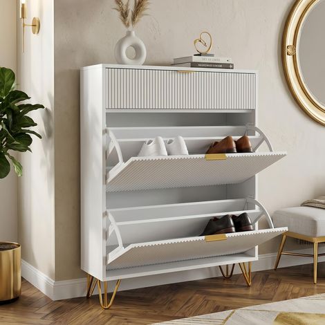Meuble Chaussures Blanc avec 2 Abattants avec Texture Ondulée et Poignées Dorées - pour Meuble Entrée Couloir Bois - pour 12-16 paires