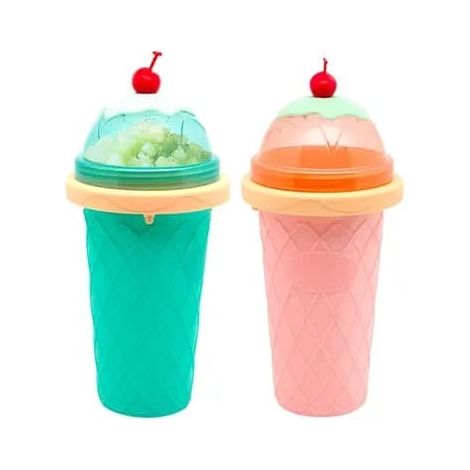 Ensemble de 2 gobelets pour smoothies et glaces, en silicone alimentaire et PP, avec couvercle bombé et cuillère-paille, congelables, vert/rose (1/5)